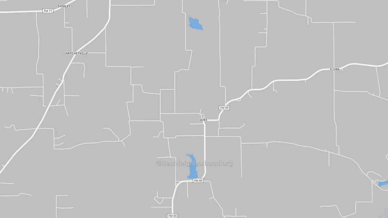 Walk Grade map of Dike, TX, walkable areas in green and car-dependent areas in red