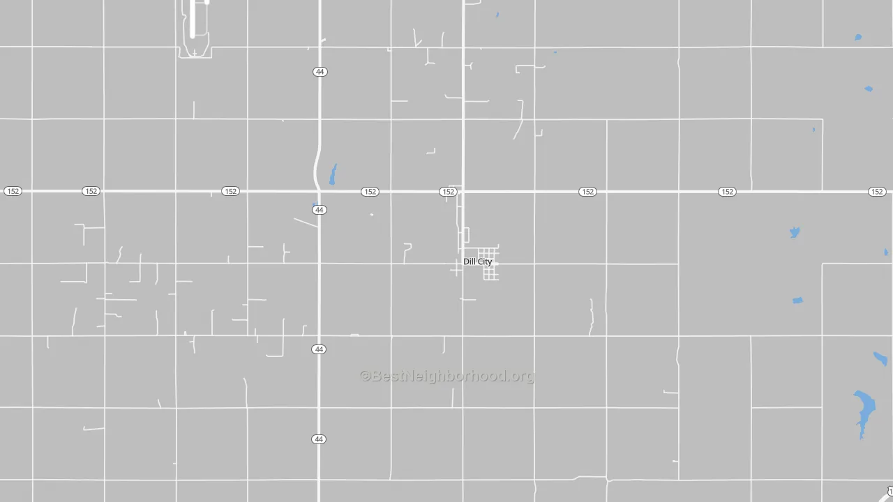 Walk Grade map of Dill City, OK, walkable areas in green and car-dependent areas in red