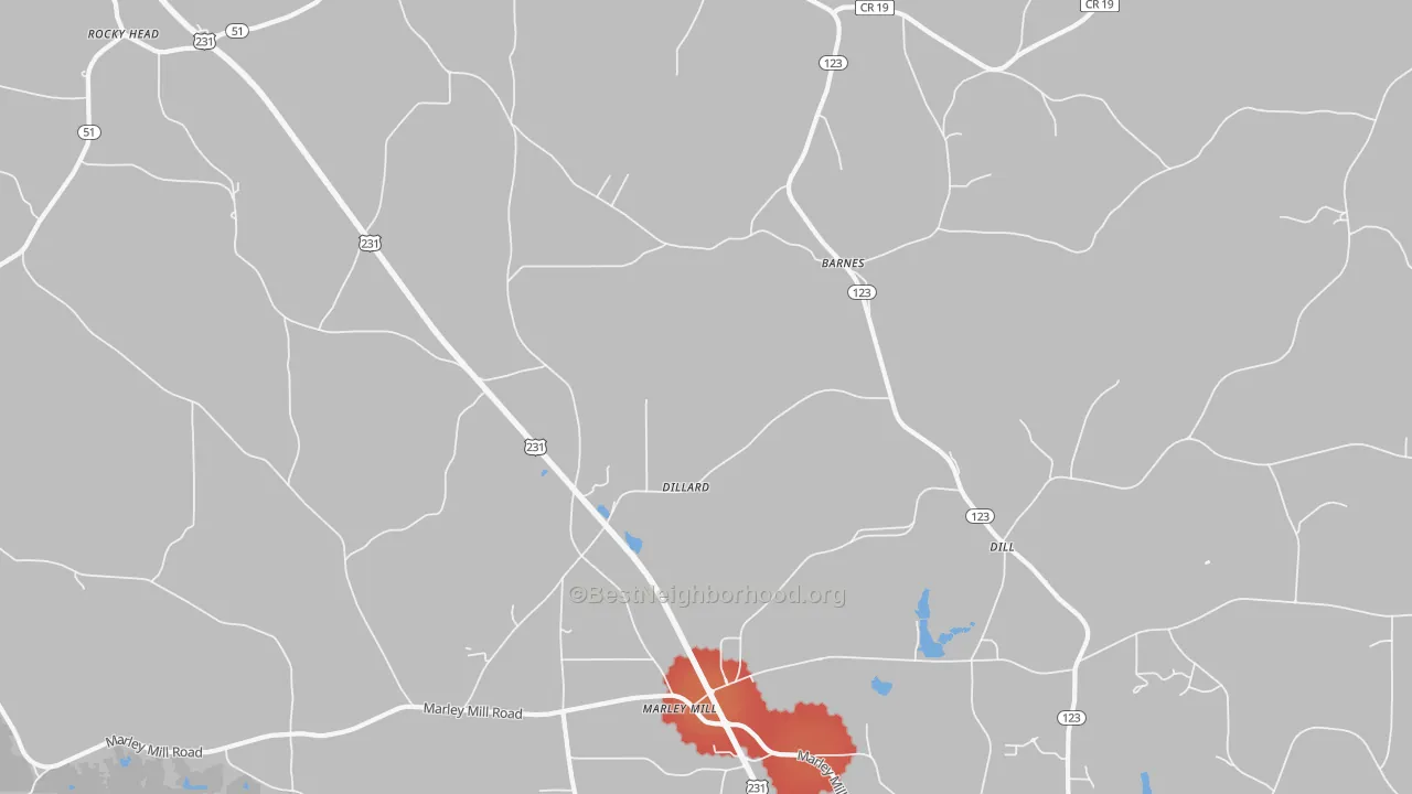 Walk Grade map of Dillard, AL, walkable areas in green and car-dependent areas in red