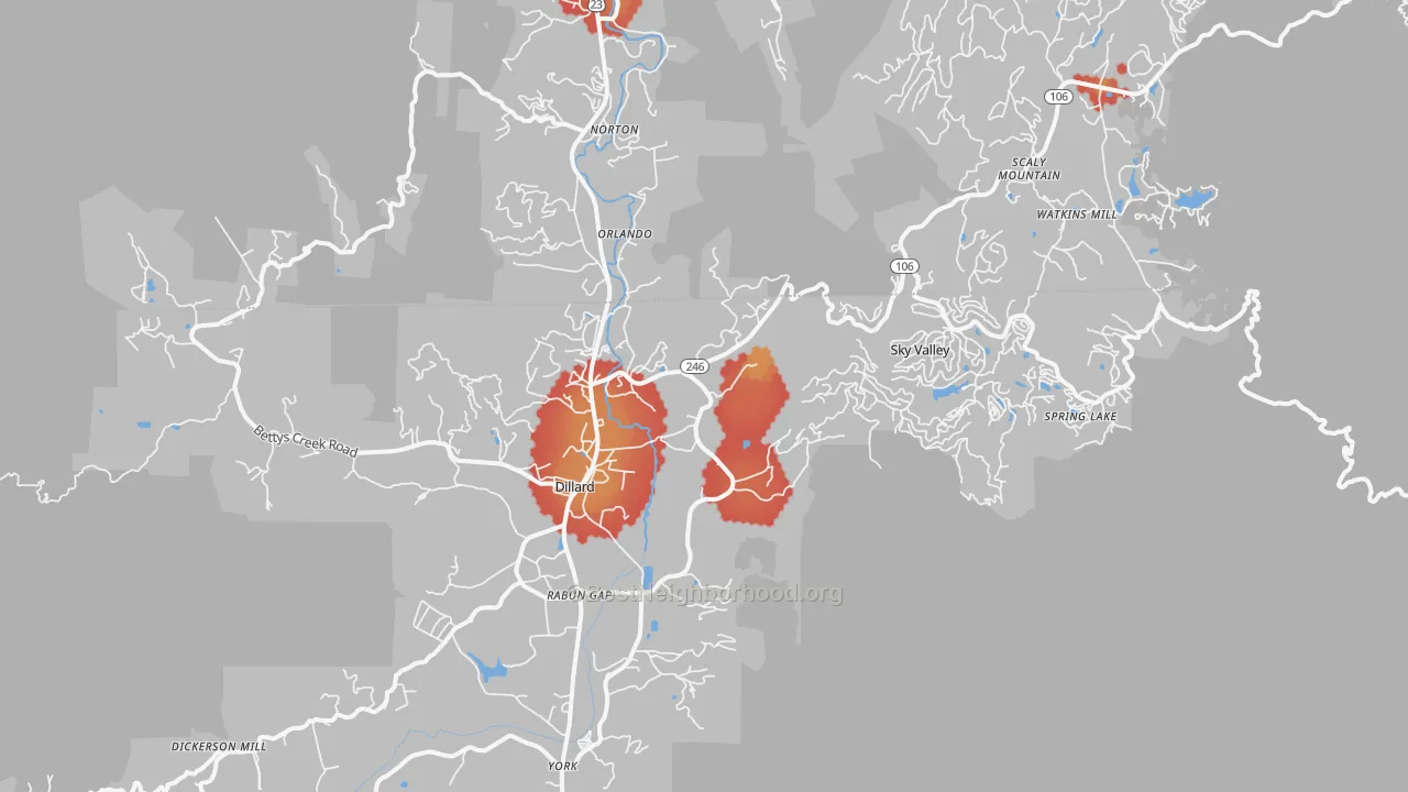 Walk Grade map of Dillard, GA, walkable areas in green and car-dependent areas in red