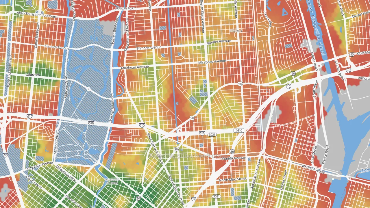 Walk Grade map of Dillard, New Orleans, LA, walkable areas in green and car-dependent areas in red