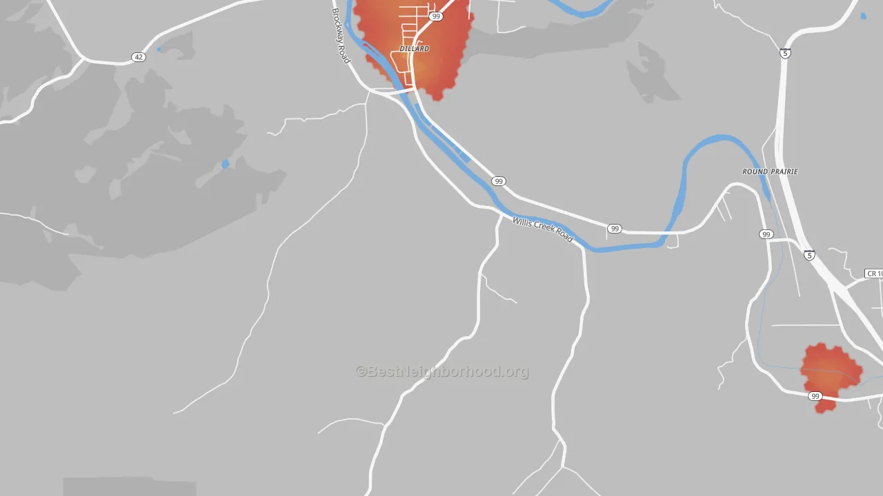Walk Grade map of Dillard, OR, walkable areas in green and car-dependent areas in red