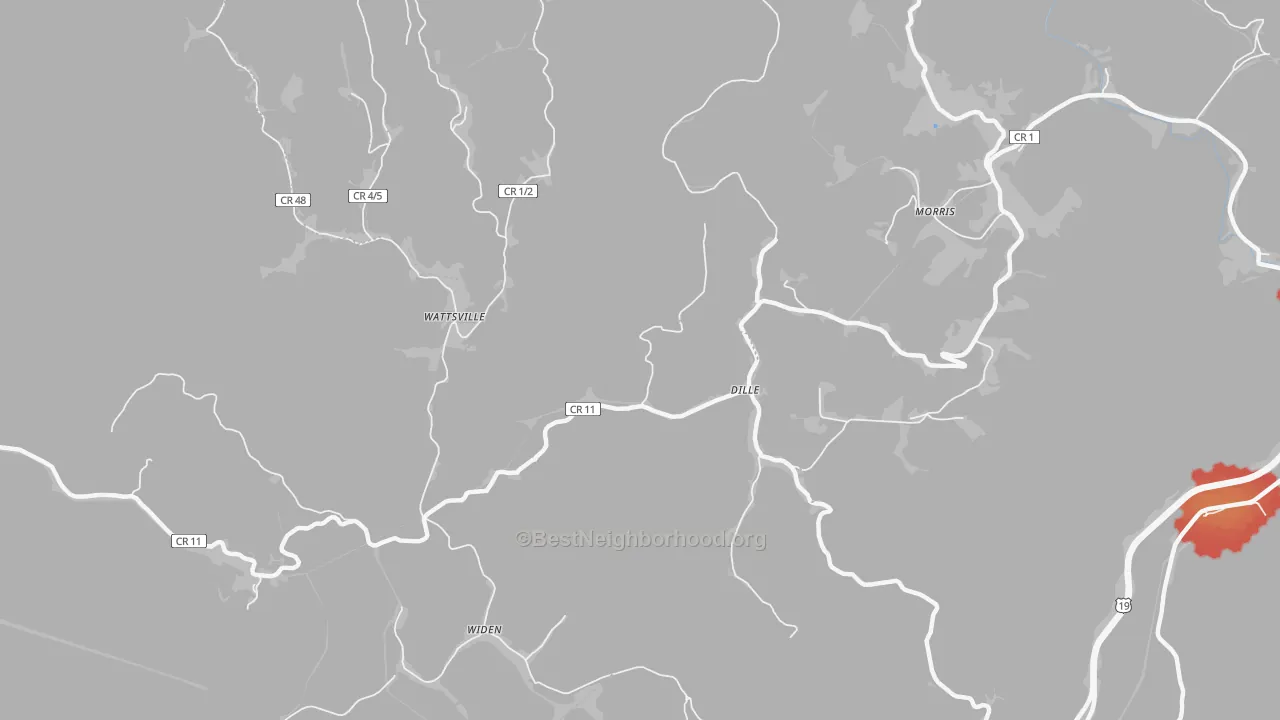 Walk Grade map of Dille, WV, walkable areas in green and car-dependent areas in red