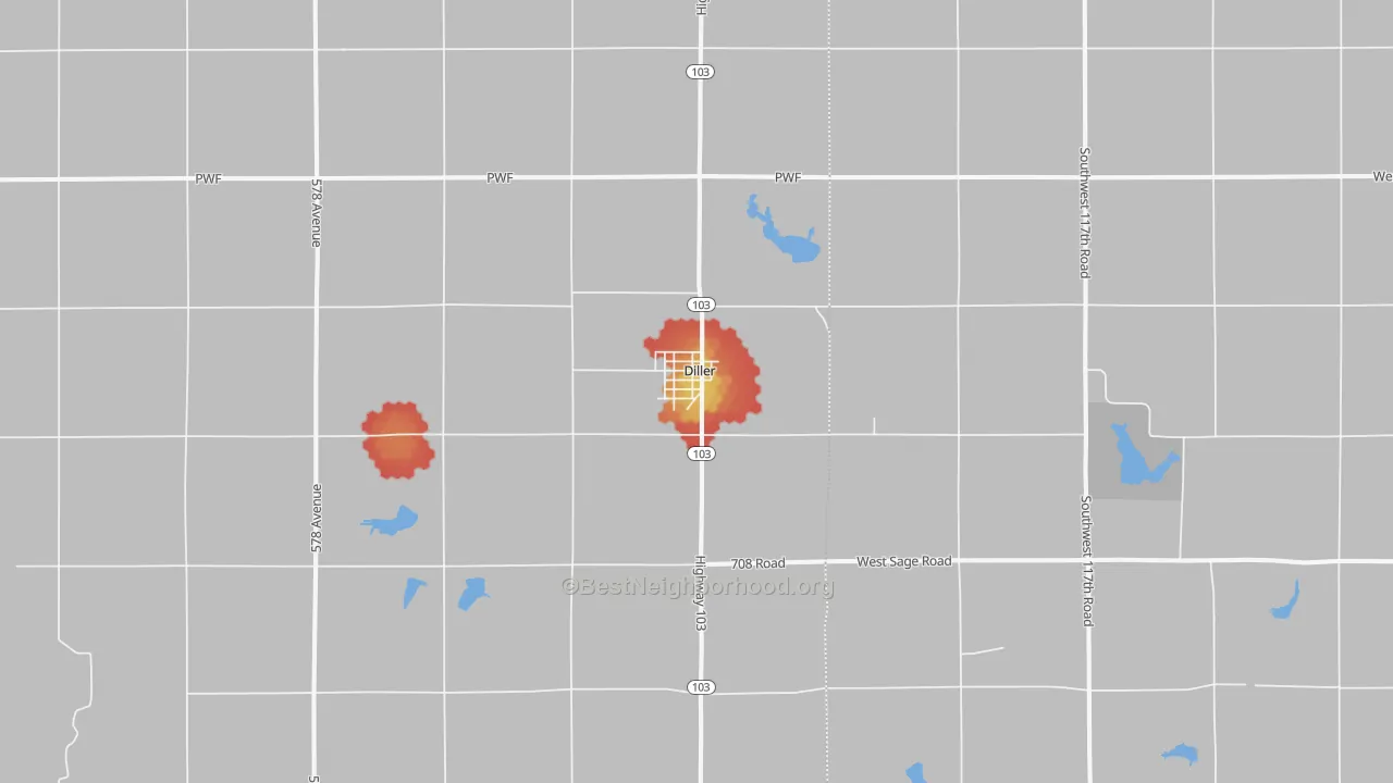 Walk Grade map of Diller, NE, walkable areas in green and car-dependent areas in red