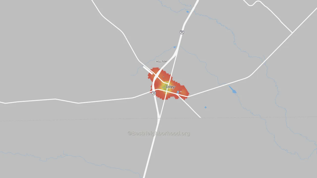 Walk Grade map of Dilley, TX, walkable areas in green and car-dependent areas in red