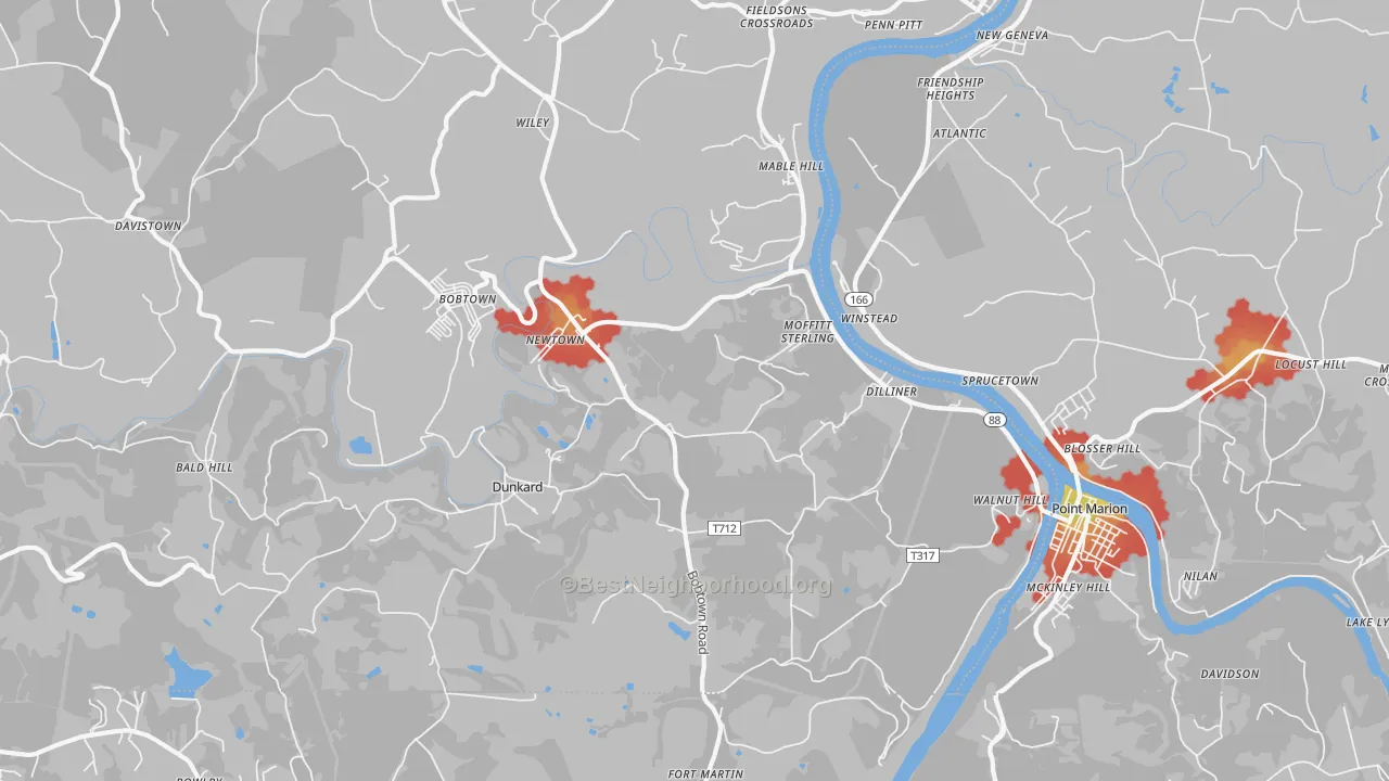 Walk Grade map of Dilliner, PA, walkable areas in green and car-dependent areas in red