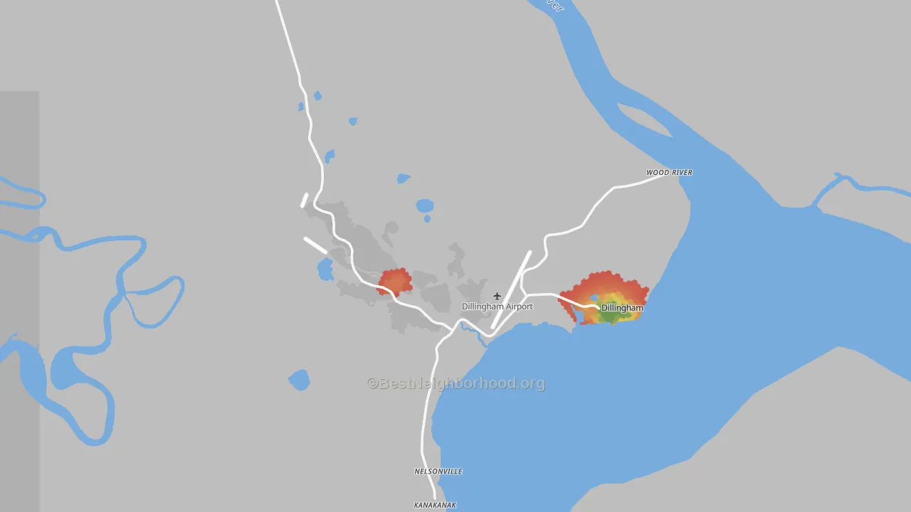 Walk Grade map of Dillingham, AK, walkable areas in green and car-dependent areas in red