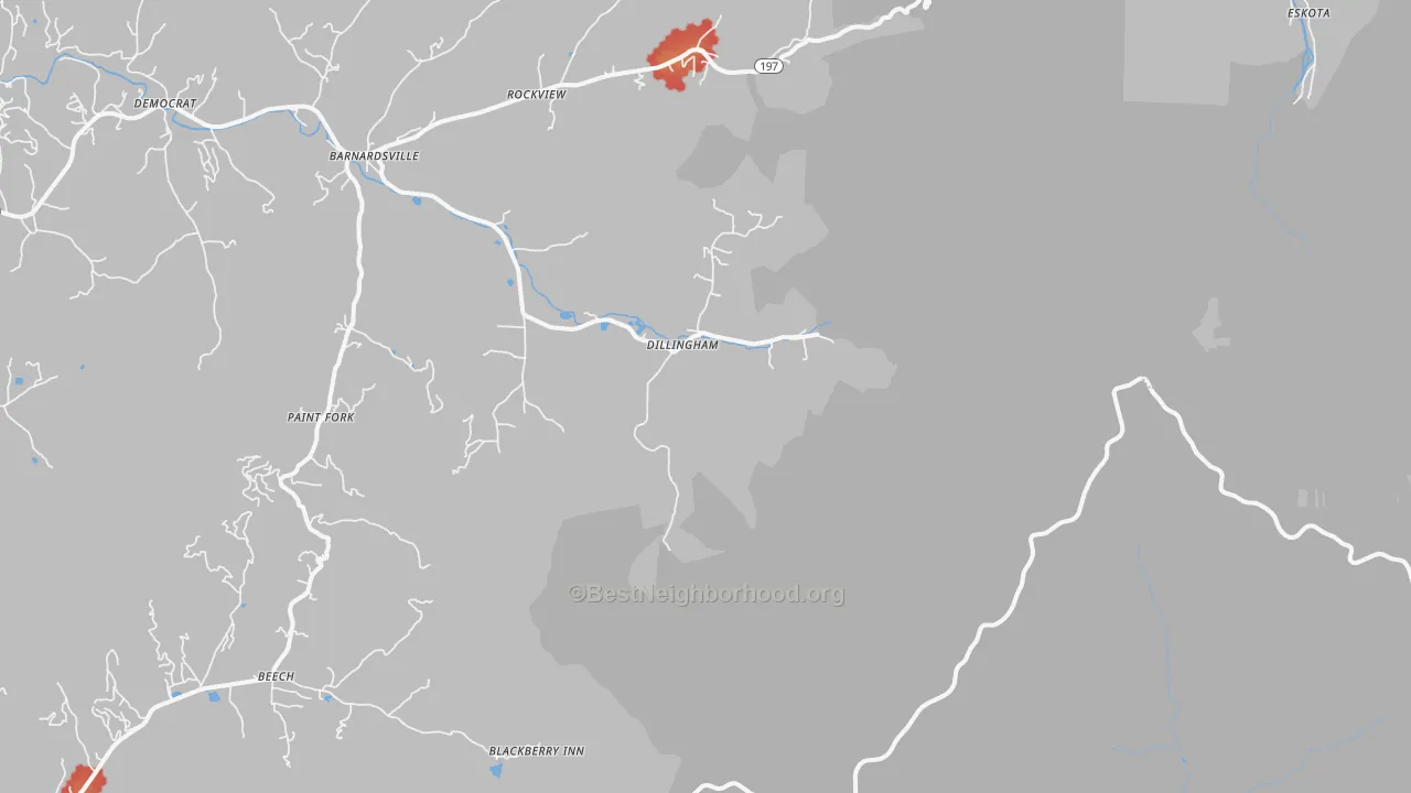 Walk Grade map of Dillingham, NC, walkable areas in green and car-dependent areas in red