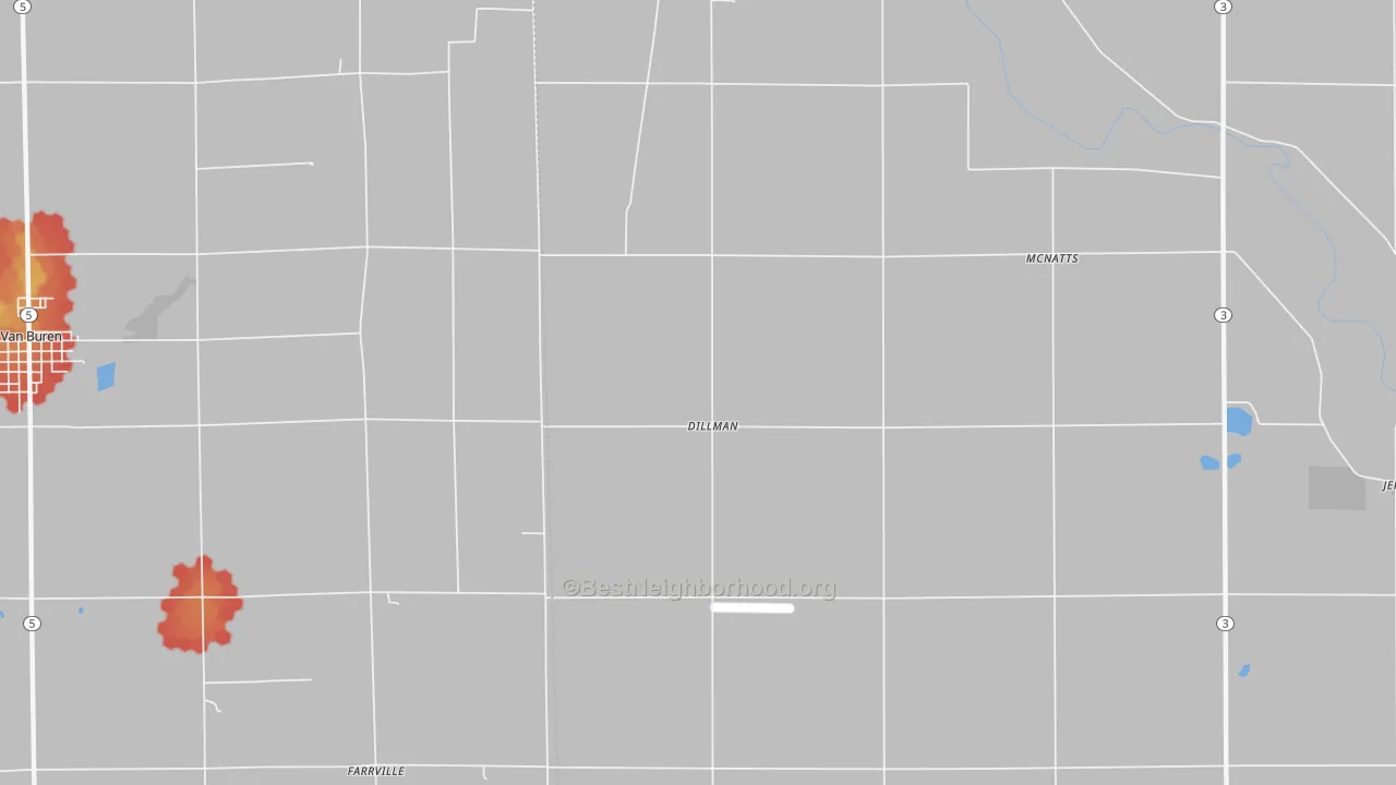Walk Grade map of Dillman, IN, walkable areas in green and car-dependent areas in red