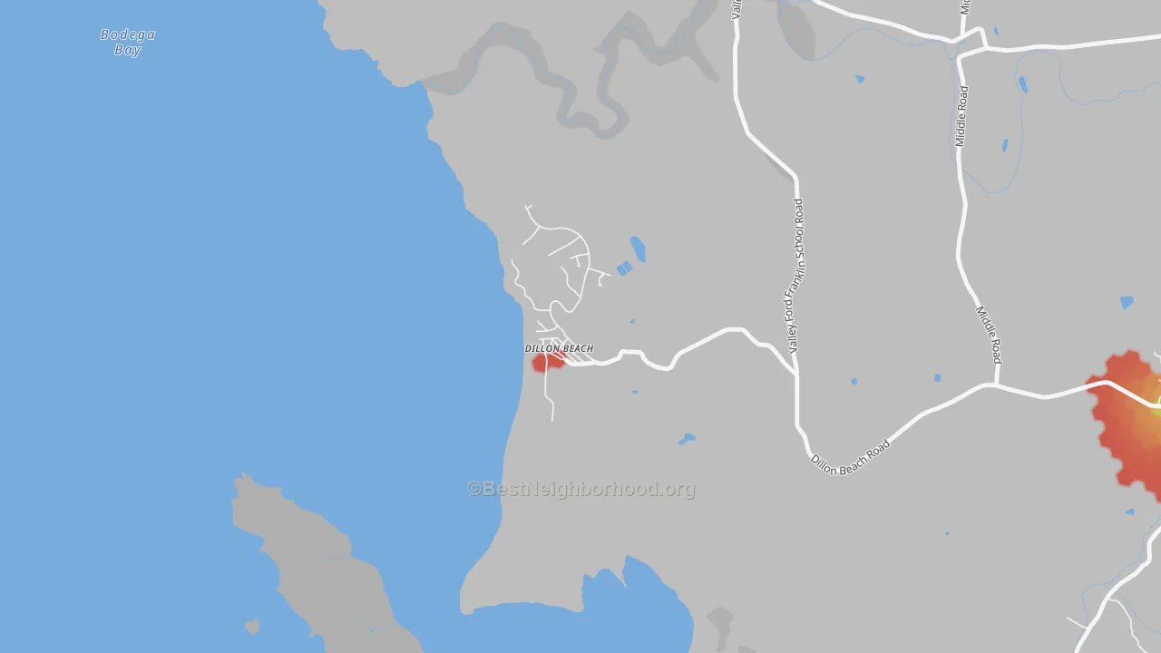 Walk Grade map of Dillon Beach, CA, walkable areas in green and car-dependent areas in red