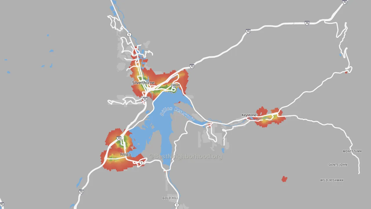 Walk Grade map of Dillon, CO, walkable areas in green and car-dependent areas in red