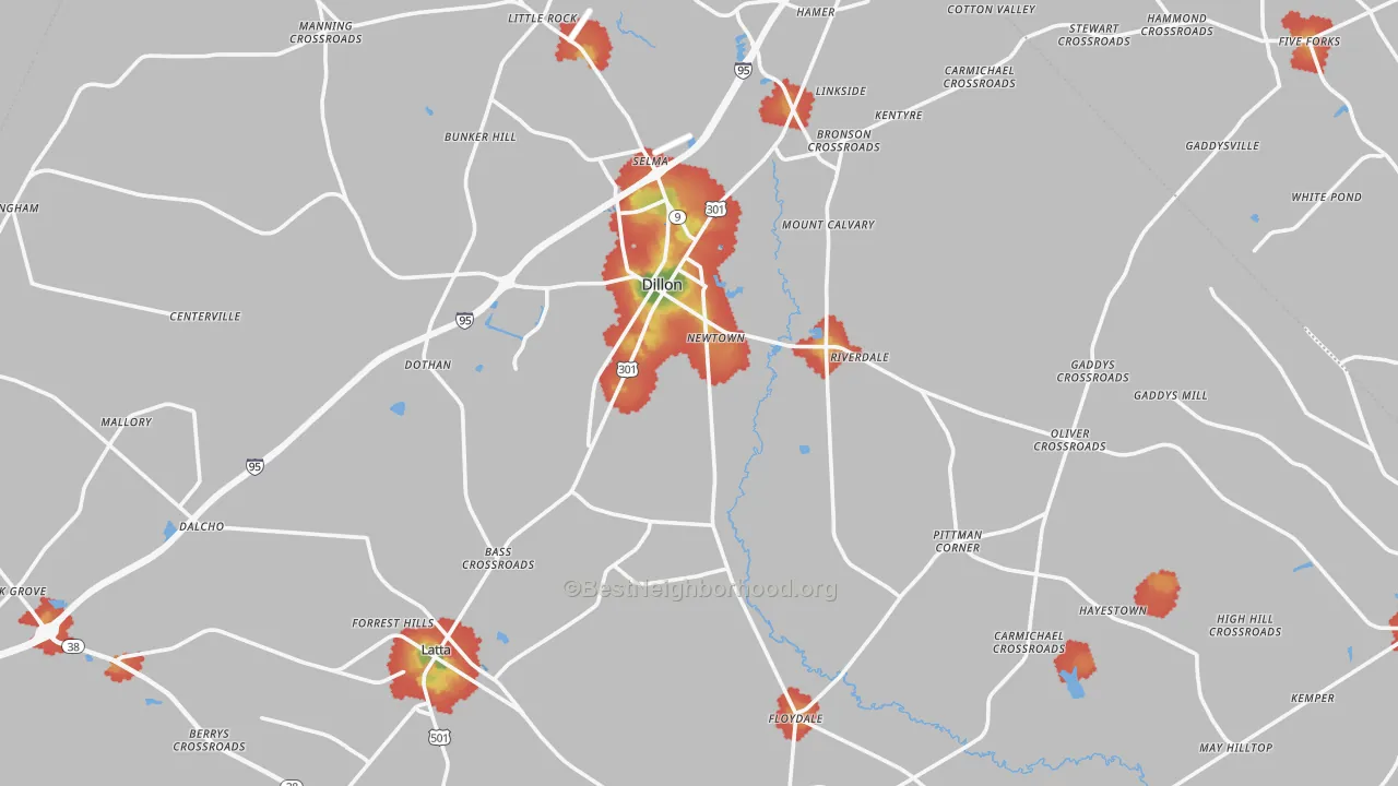 Walk Grade map of Dillon County, SC, walkable areas in green and car-dependent areas in red