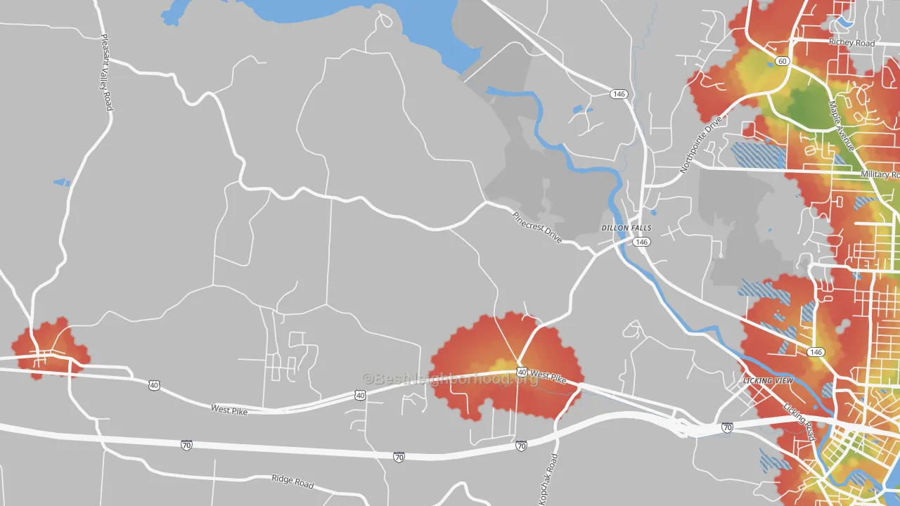 Walk Grade map of Dillon Falls, OH, walkable areas in green and car-dependent areas in red
