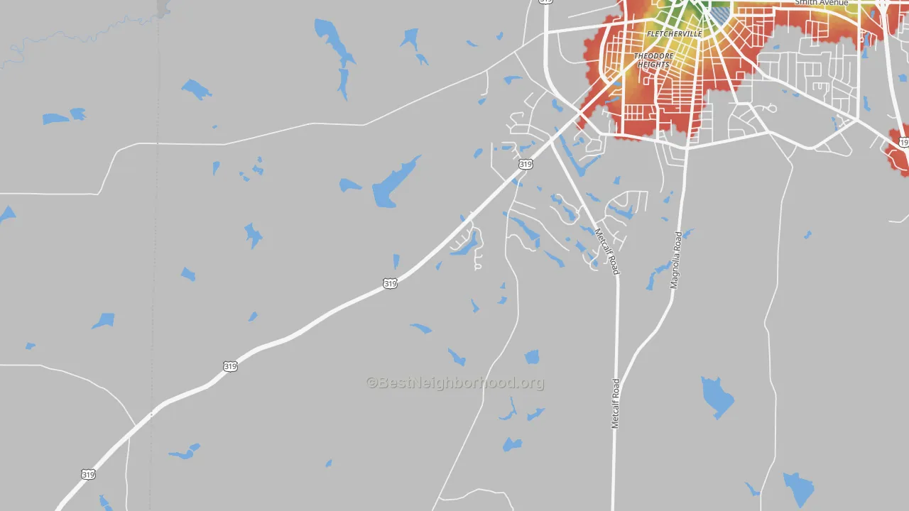 Walk Grade map of Dillon, GA, walkable areas in green and car-dependent areas in red