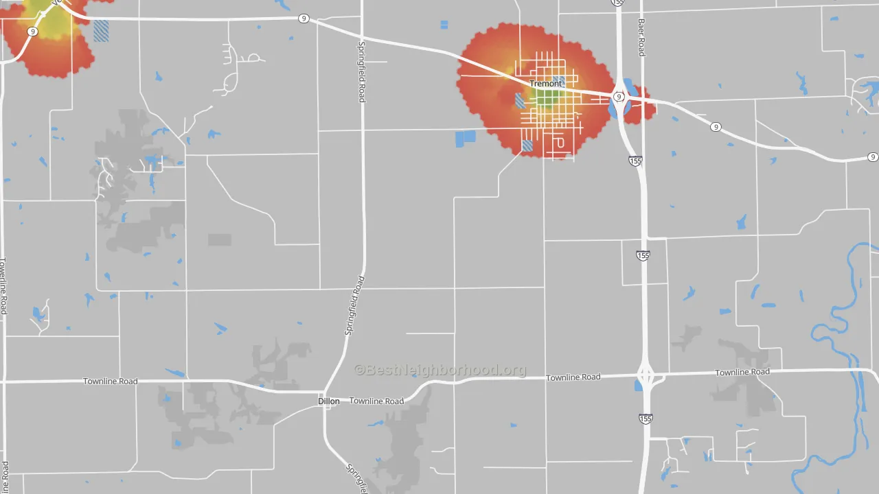 Walk Grade map of Dillon, IL, walkable areas in green and car-dependent areas in red
