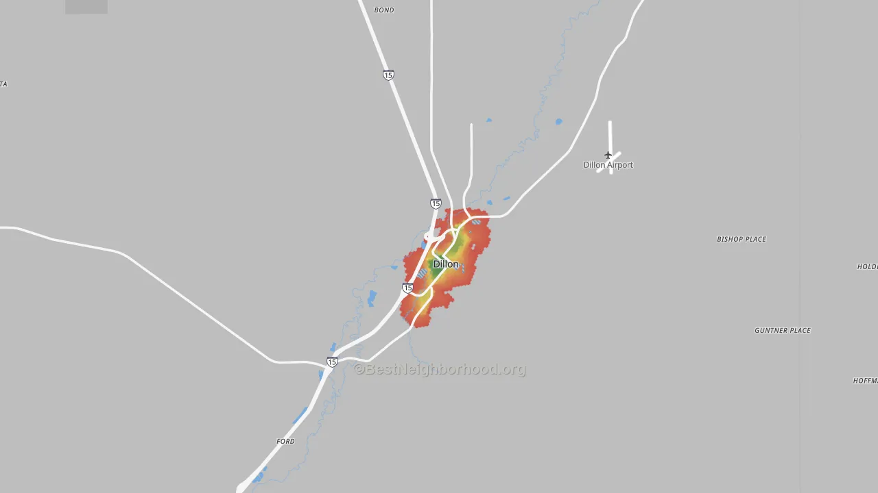 Walk Grade map of Dillon, MT, walkable areas in green and car-dependent areas in red