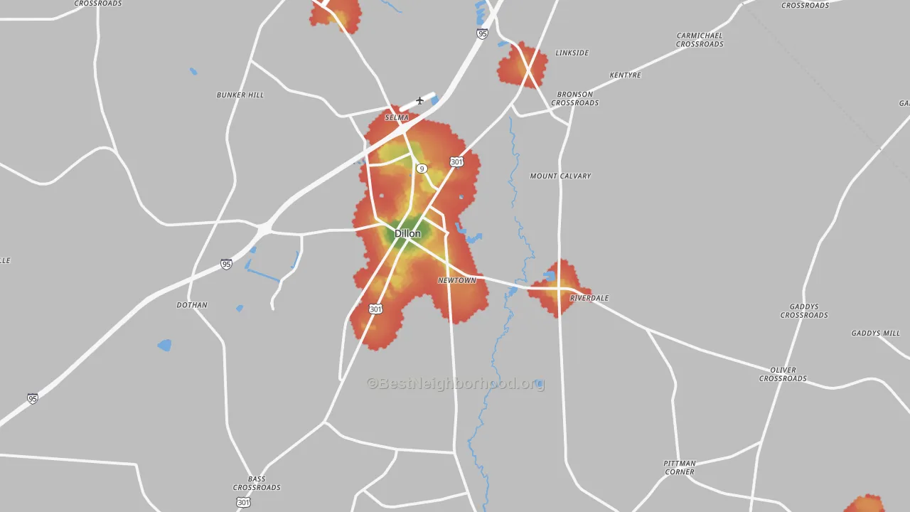 Walk Grade map of Dillon, SC, walkable areas in green and car-dependent areas in red