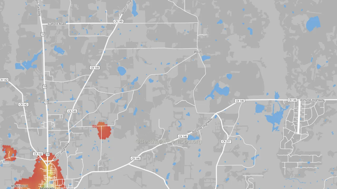 Walk Grade map of Dills, FL, walkable areas in green and car-dependent areas in red