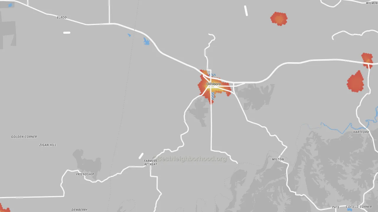 Walk Grade map of Dillsboro, IN, walkable areas in green and car-dependent areas in red