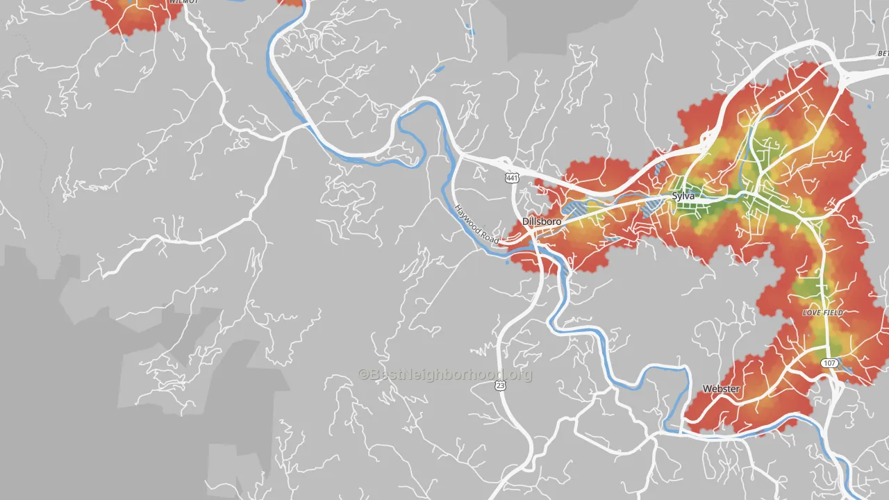 Walk Grade map of Dillsboro, NC, walkable areas in green and car-dependent areas in red