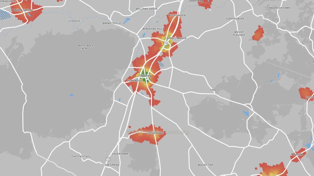 Walk Grade map of Dillsburg, PA, walkable areas in green and car-dependent areas in red