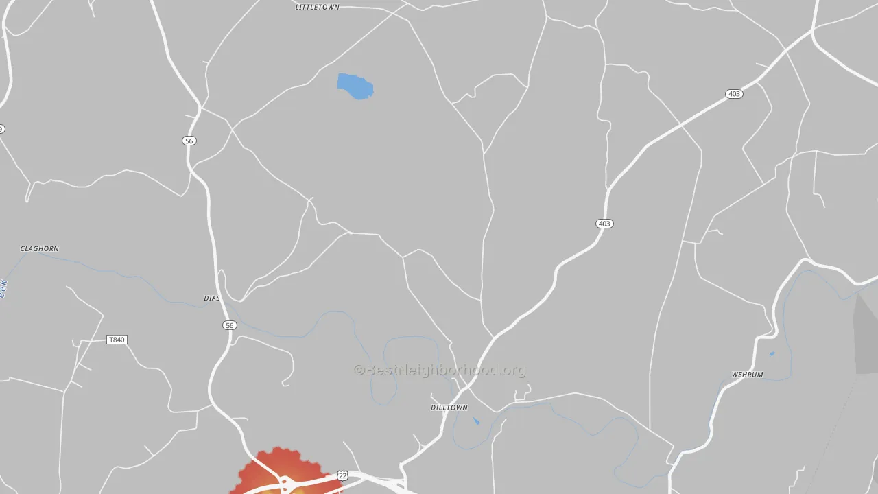 Walk Grade map of Dilltown, PA, walkable areas in green and car-dependent areas in red