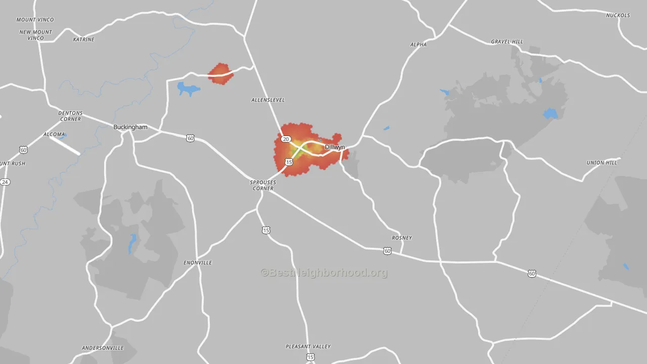 Walk Grade map of Dillwyn, VA, walkable areas in green and car-dependent areas in red