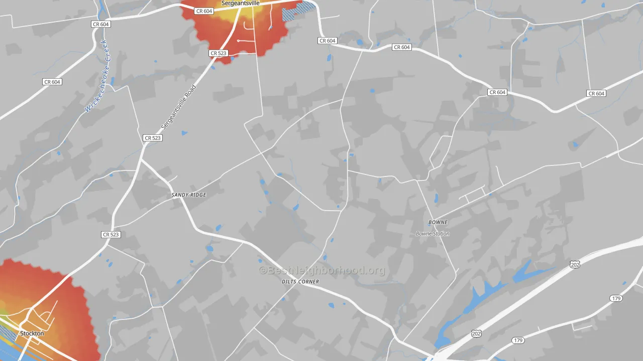 Walk Grade map of Dilts Corner, NJ, walkable areas in green and car-dependent areas in red