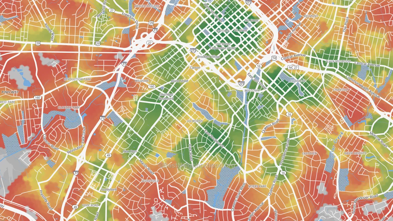 Walk Grade map of Dilworth, Charlotte, NC, walkable areas in green and car-dependent areas in red