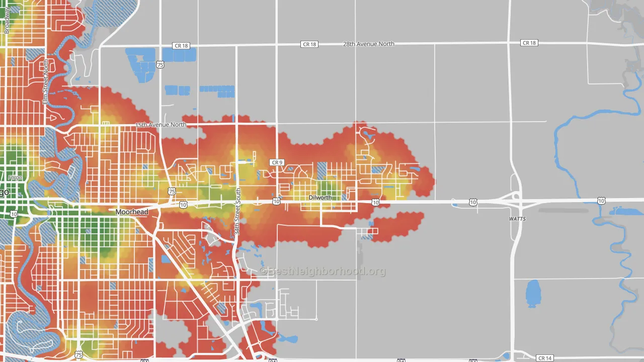 Walk Grade map of Dilworth, MN, walkable areas in green and car-dependent areas in red