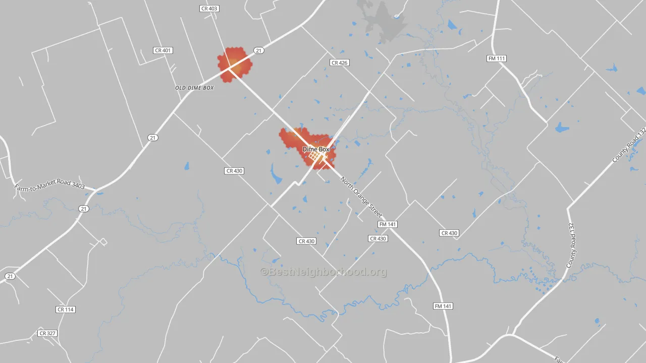 Walk Grade map of Dime Box, TX, walkable areas in green and car-dependent areas in red