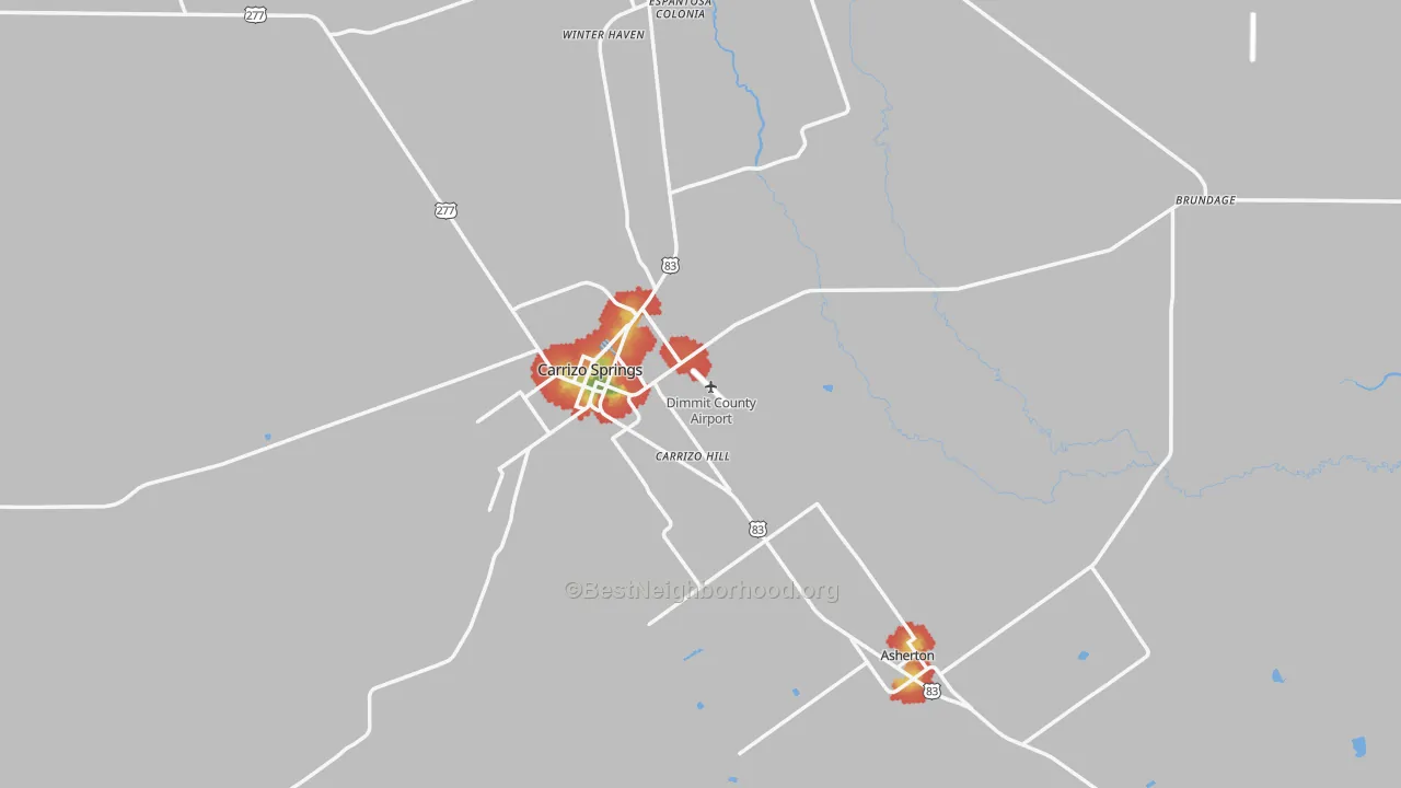 Walk Grade map of Dimmit County, TX, walkable areas in green and car-dependent areas in red