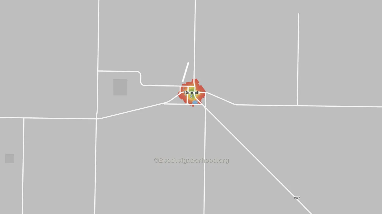 Walk Grade map of Dimmitt, TX, walkable areas in green and car-dependent areas in red