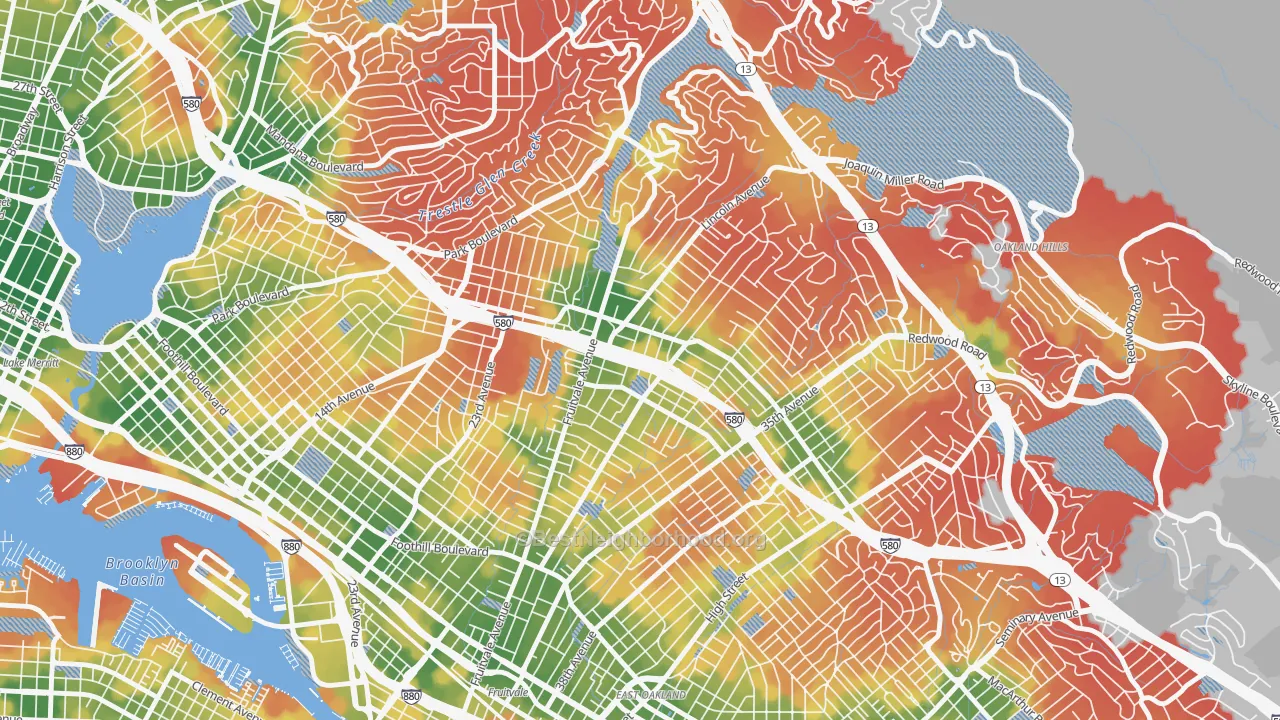 Walk Grade map of Dimond, Oakland, CA, walkable areas in green and car-dependent areas in red