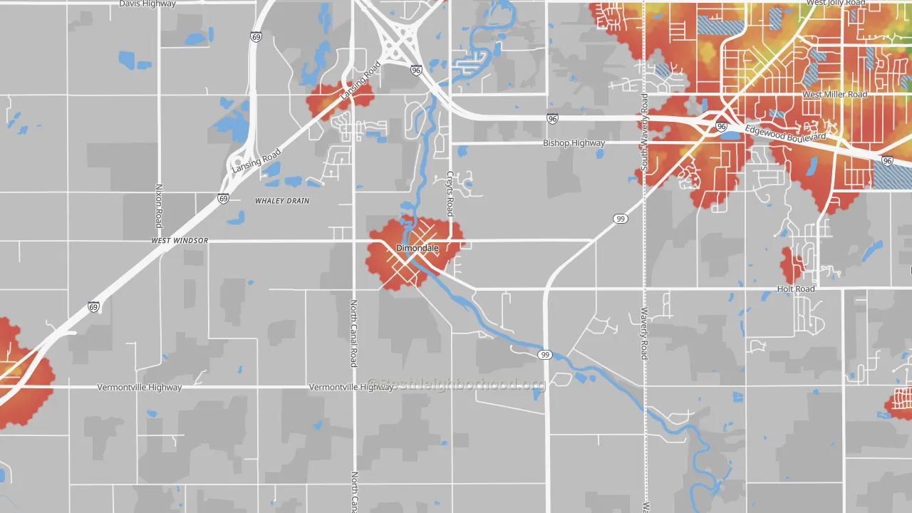 Walk Grade map of Dimondale, MI, walkable areas in green and car-dependent areas in red