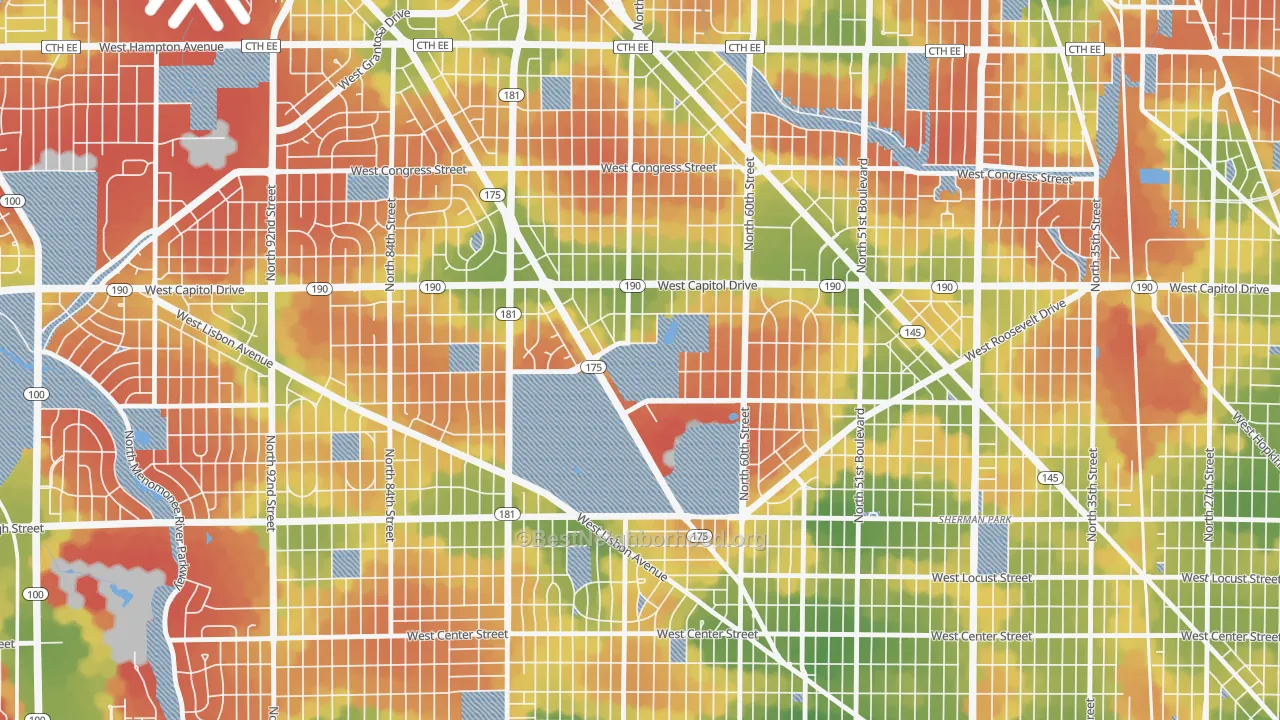 Walk Grade map of Dineen Park, Milwaukee, WI, walkable areas in green and car-dependent areas in red