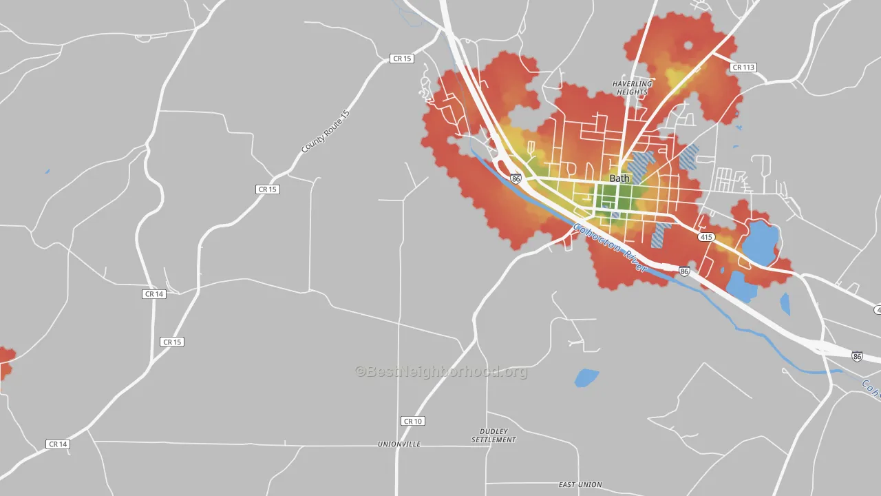 Walk Grade map of Dineharts, NY, walkable areas in green and car-dependent areas in red