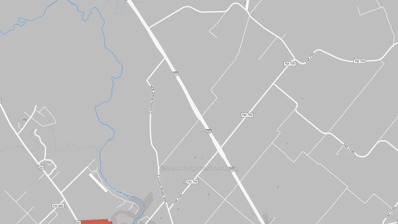 Walk Grade map of Dinero, TX, walkable areas in green and car-dependent areas in red
