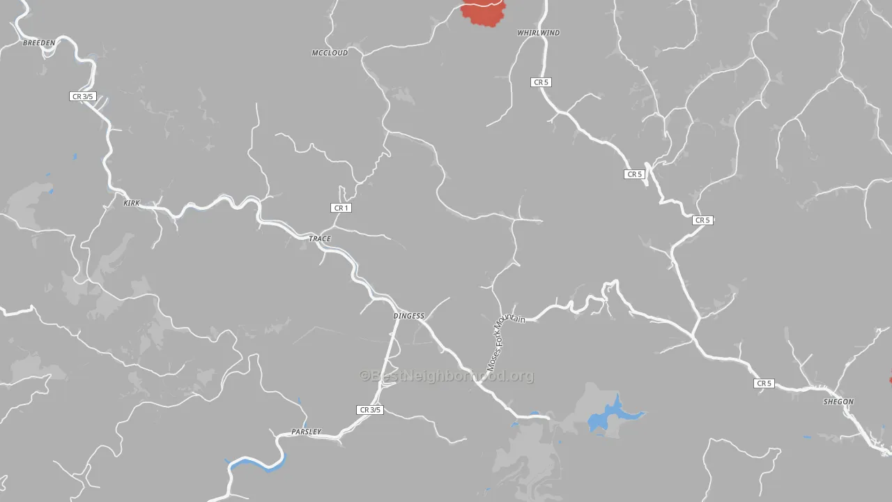 Walk Grade map of Dingess, WV, walkable areas in green and car-dependent areas in red
