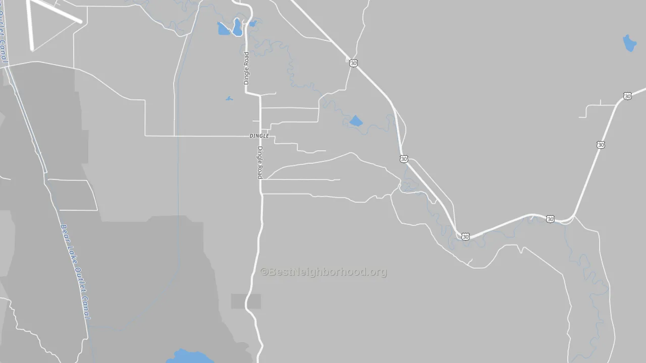 Walk Grade map of Dingle, ID, walkable areas in green and car-dependent areas in red