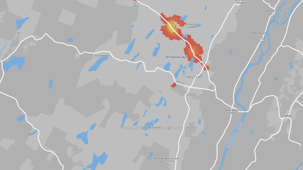 Walk Grade map of Dingmans Ferry, PA, walkable areas in green and car-dependent areas in red