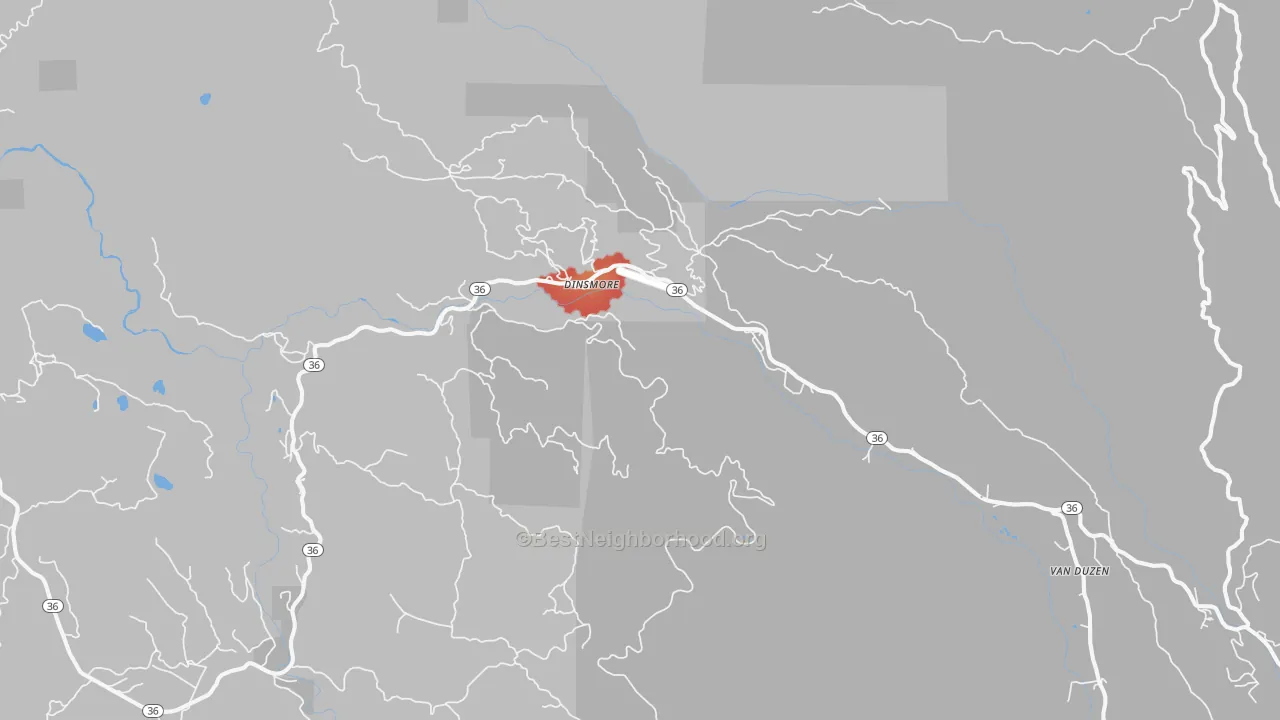 Walk Grade map of Dinsmore, CA, walkable areas in green and car-dependent areas in red