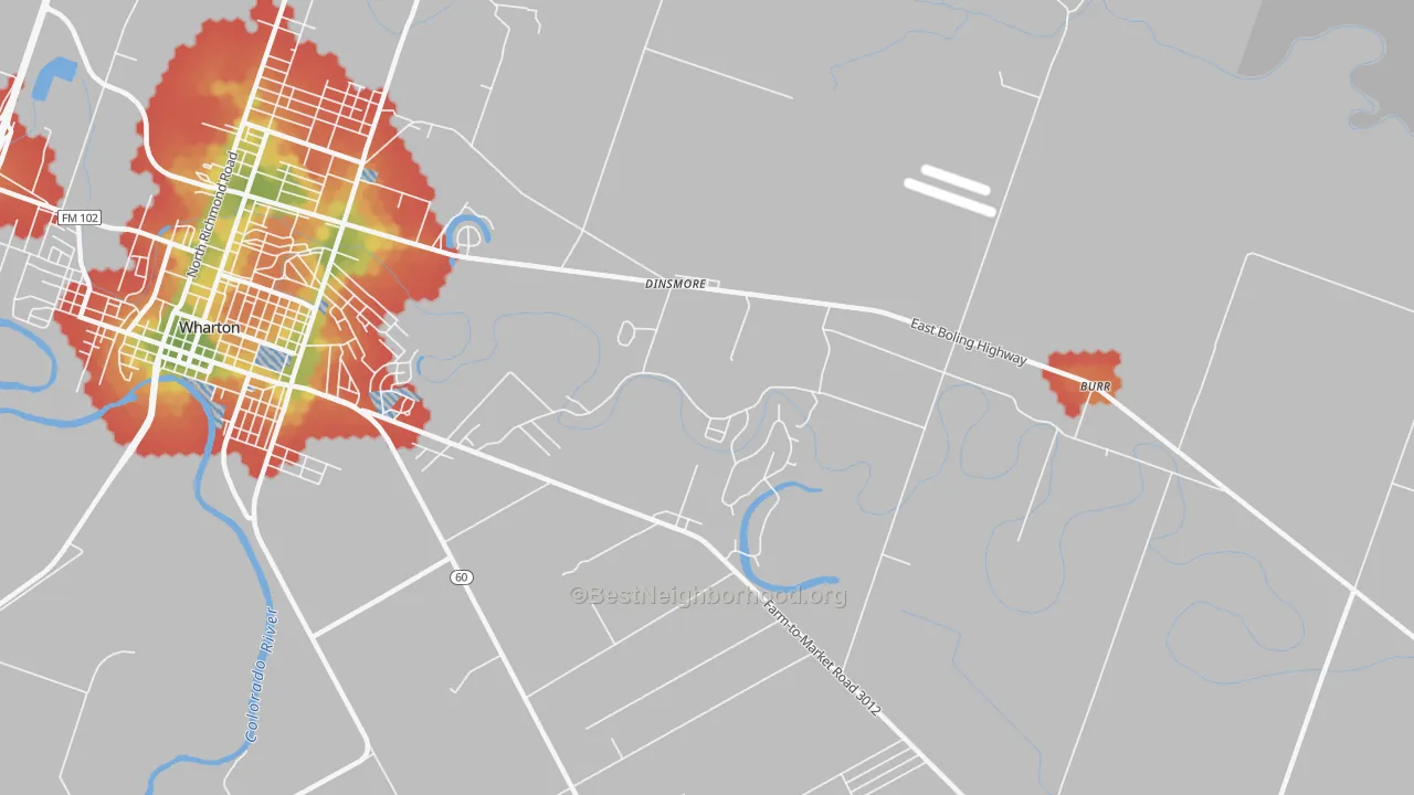 Walk Grade map of Dinsmore, TX, walkable areas in green and car-dependent areas in red