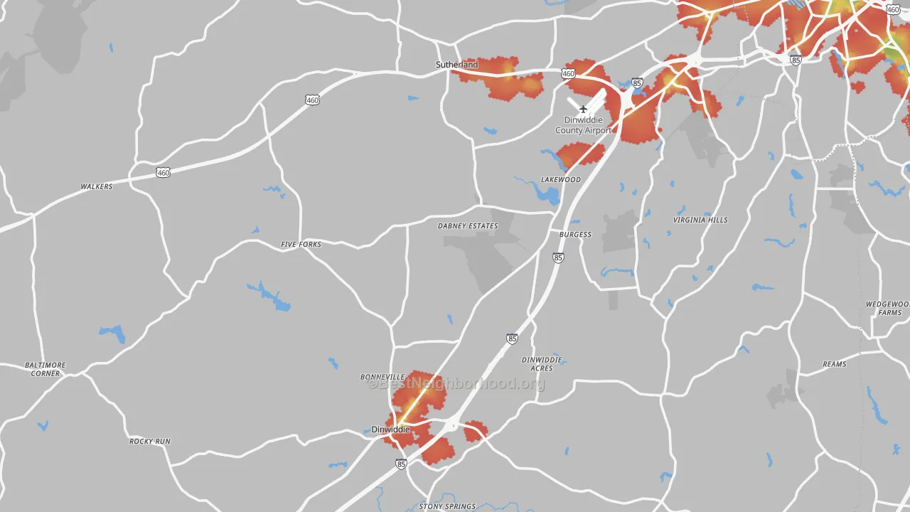 Walk Grade map of Dinwiddie County, VA, walkable areas in green and car-dependent areas in red