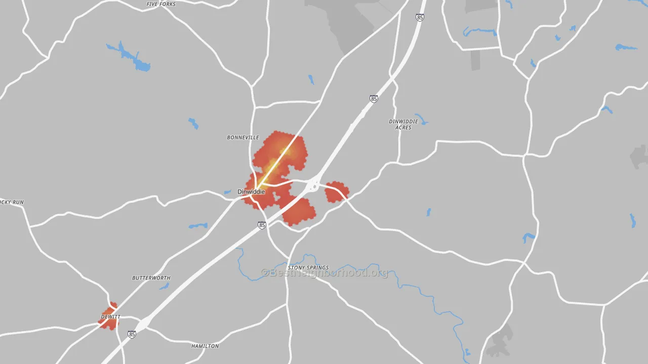 Walk Grade map of Dinwiddie, VA, walkable areas in green and car-dependent areas in red