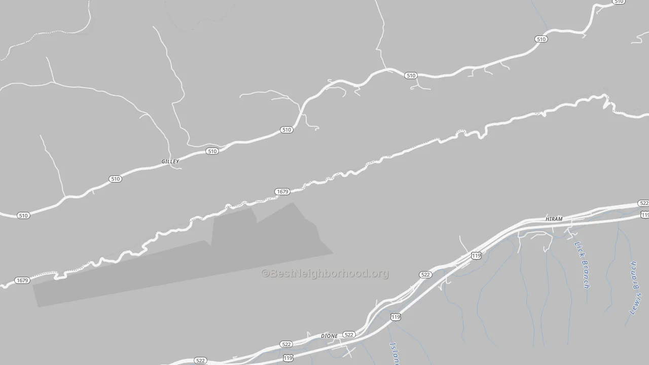 Walk Grade map of Dione, KY, walkable areas in green and car-dependent areas in red