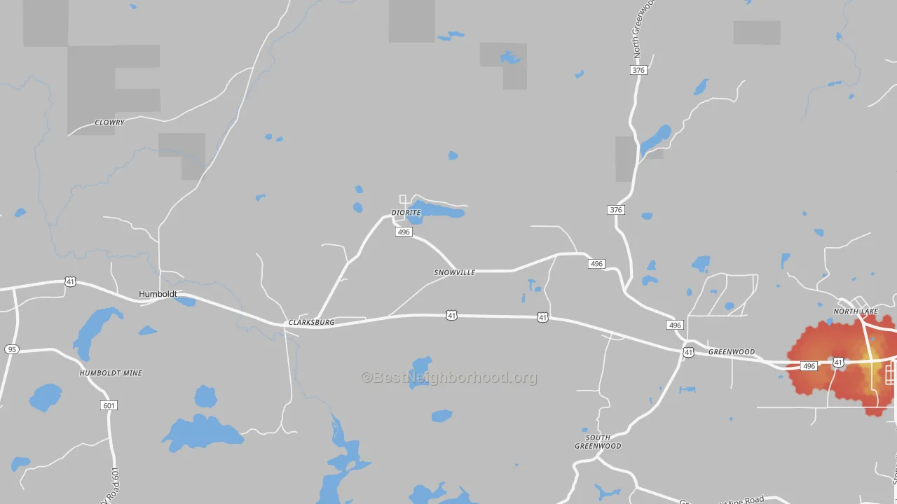 Walk Grade map of Diorite, MI, walkable areas in green and car-dependent areas in red