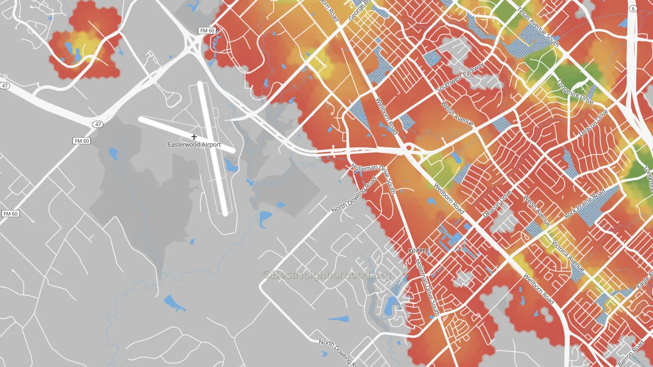 Walk Grade map of Disaster City, College Station, TX, walkable areas in green and car-dependent areas in red