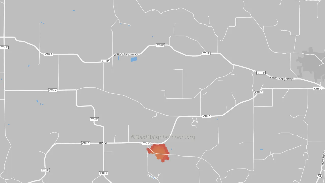 Walk Grade map of Disco, WI, walkable areas in green and car-dependent areas in red