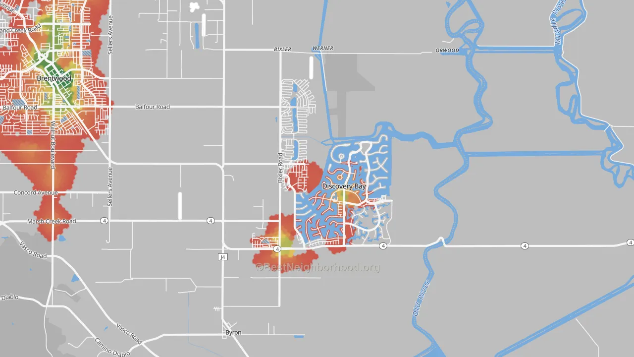 Walk Grade map of Discovery Bay, CA, walkable areas in green and car-dependent areas in red